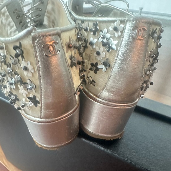 CHANEL MESH/SEQUINS SILVER LACE UP SHOES - Picture 1 of 8